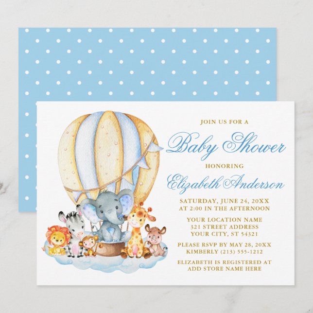 Safari Animals Air Balloon Clouds Dots Baby Shower Invitation (Front/Back)