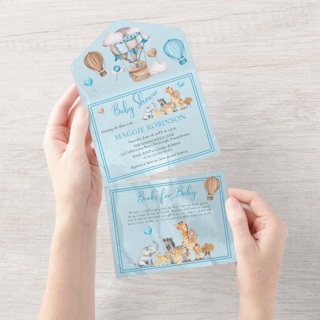 Safari Animals and Balloons Blue Boy Baby Shower I All In One Invitation (Tearaway)