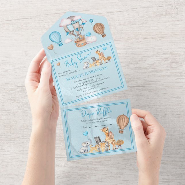 Safari Animals and Balloons Blue Boy Baby Shower I All In One Invitation (Tearaway)