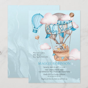 Safari Animals and Balloons Blue Boy Baby Shower Invitation