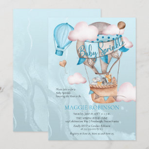 Safari Animals and Balloons Blue Boy Baby Sprinkle Invitation