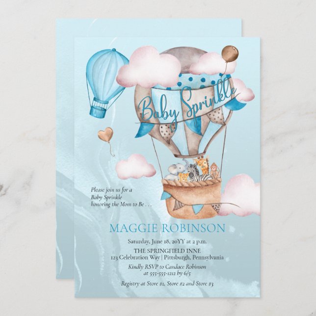 Safari Animals and Balloons Blue Boy Baby Sprinkle Invitation (Front/Back)