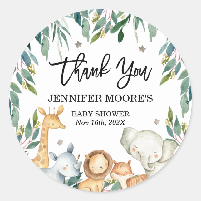 Safari Animals And Foliage Baby Shower Sticker (Front)