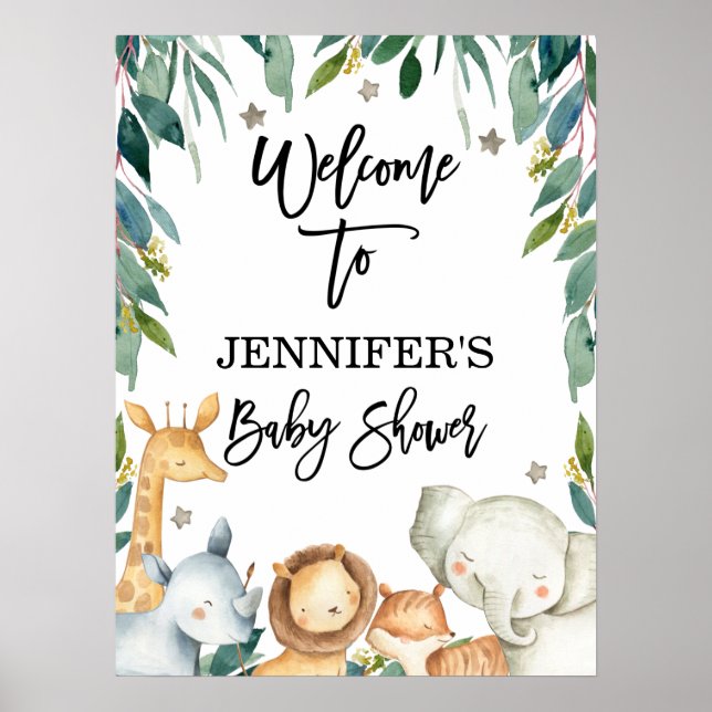 Safari Animals And Greenery Welcome Baby Shower Poster (Front)