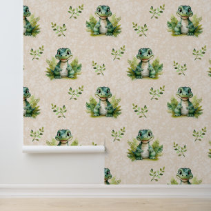 Safari Animals Baby Alligator Greenery on Cream  Wallpaper