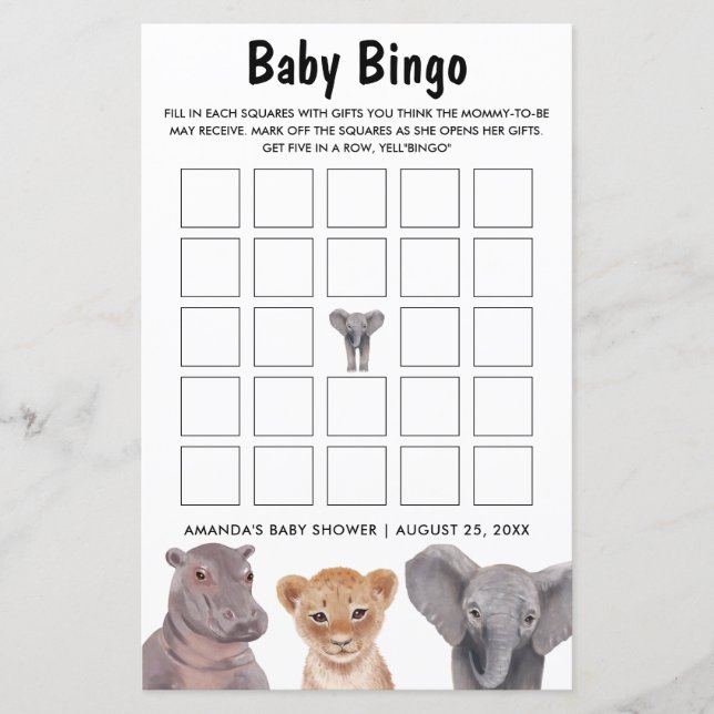 Safari Animals Baby Bingo Baby Shower Games (Front)