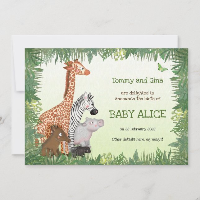 Safari animals baby birth announcement card (Front)