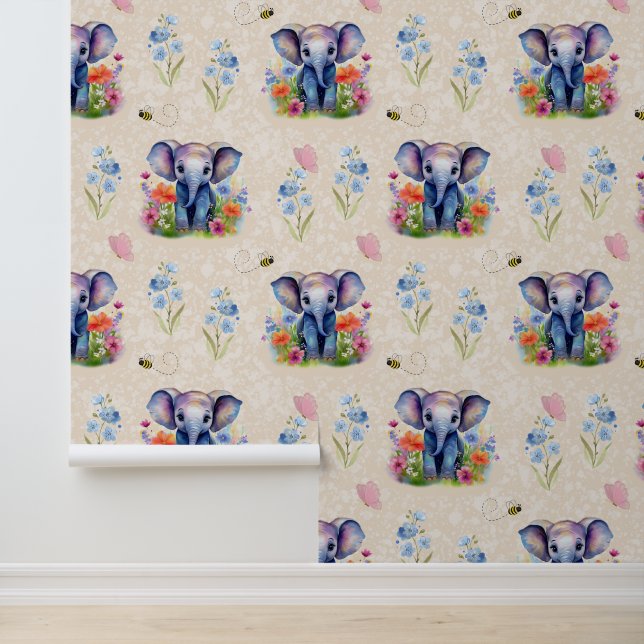 Safari Animals Baby Elephant Floral on Cream Wallpaper (Application)