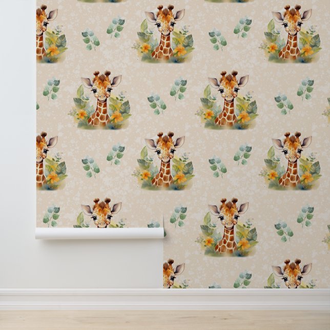 Safari Animals Baby Giraffe Greenery on Cream Wallpaper (Application)
