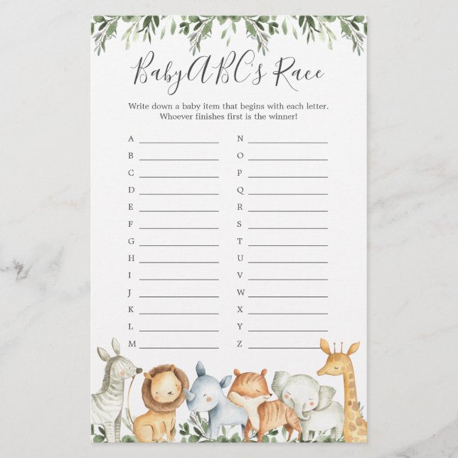 Safari Animals Baby Shower ABC's Race Game (Front)
