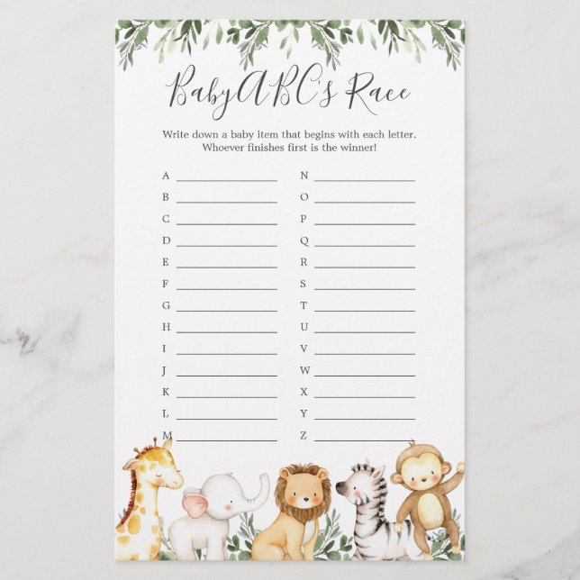 Safari Animals Baby Shower ABC's Race Game (Front)