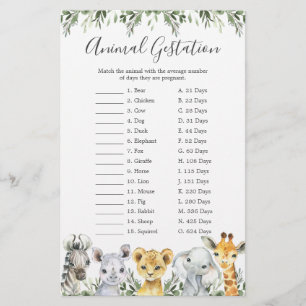 Safari Animals Baby Shower Animal Gestation Game