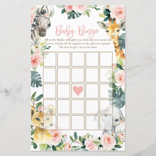Safari Animals Baby Shower Bingo Cards Girl (Front)