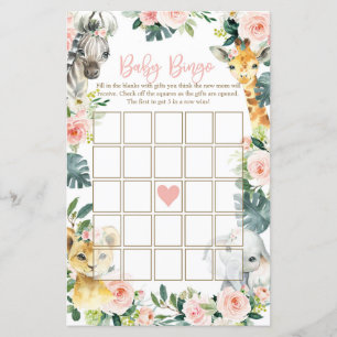 Safari Animals Baby Shower Bingo Cards Girl