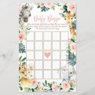 Safari Animals Baby Shower Bingo Cards Girl