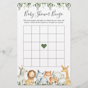 Safari Animals Baby Shower Bingo Game