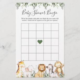 Safari Animals Baby Shower Bingo Game