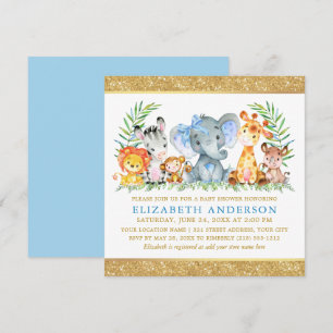 Safari Animals Baby Shower Blue Bow Gold Sq Invitation
