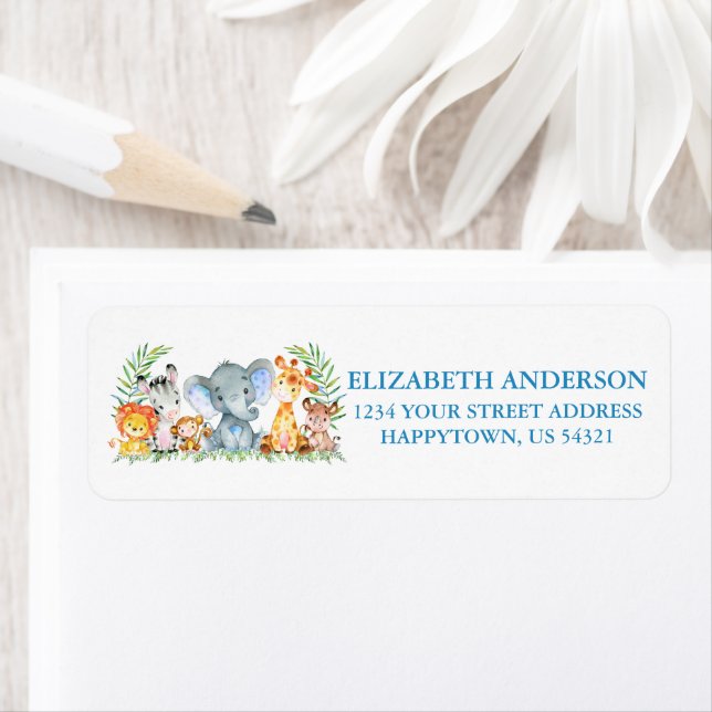 Safari Animals Baby Shower Blue Return Address (Insitu)