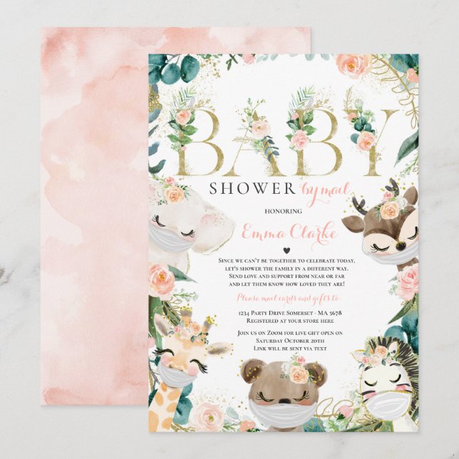 Safari Animals Baby Shower By Mail Greenery Gold Invitation (Front/Back)