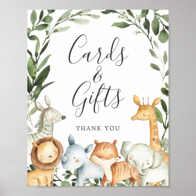 Safari Animals Baby Shower Cards and Gifts Sign (Front)