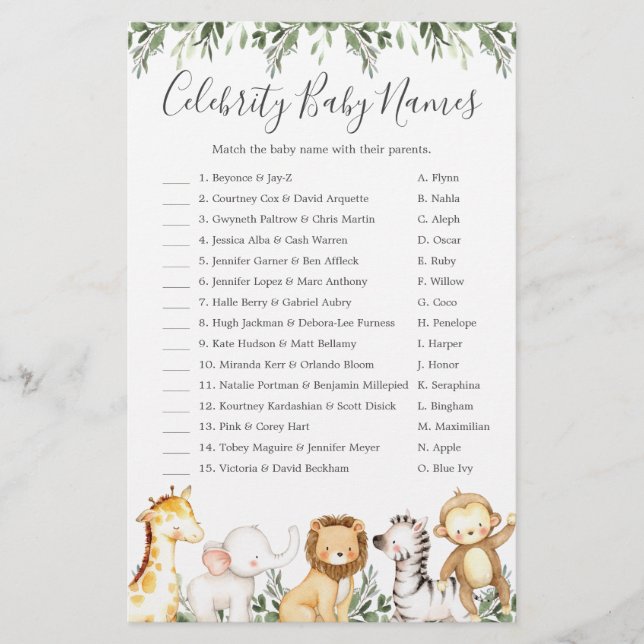 Safari Animals Baby Shower Celebrity Baby Names (Front)