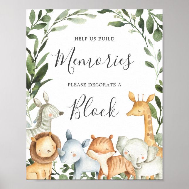Safari Animals Baby Shower Decorate A Block Sign (Front)