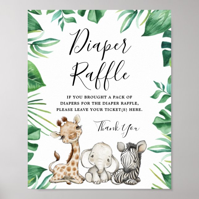 Safari Animals Baby Shower Diaper Raffle Sign (Front)