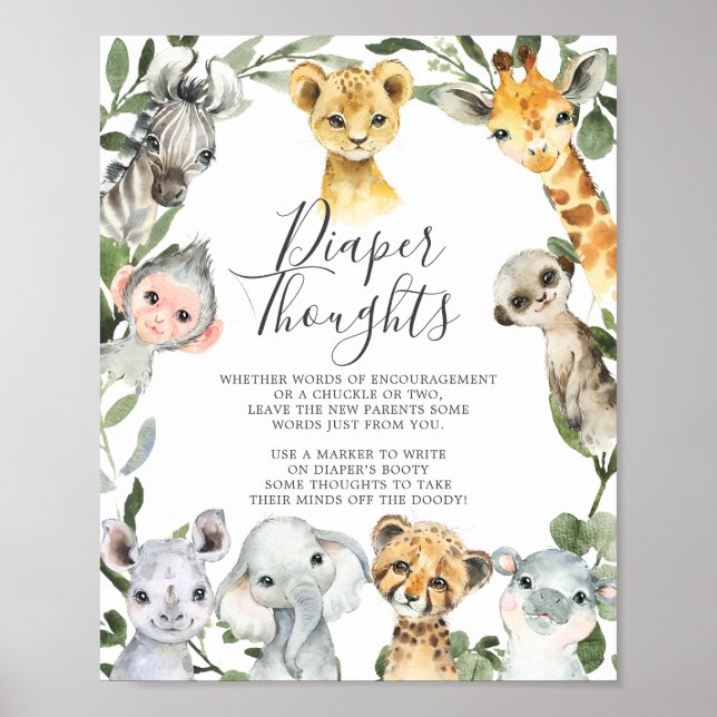 Safari Animals Baby Shower Diaper Thoughts Sign (Front)