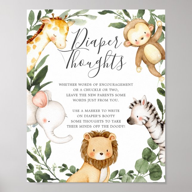 Safari Animals Baby Shower Diaper Thoughts Sign (Front)