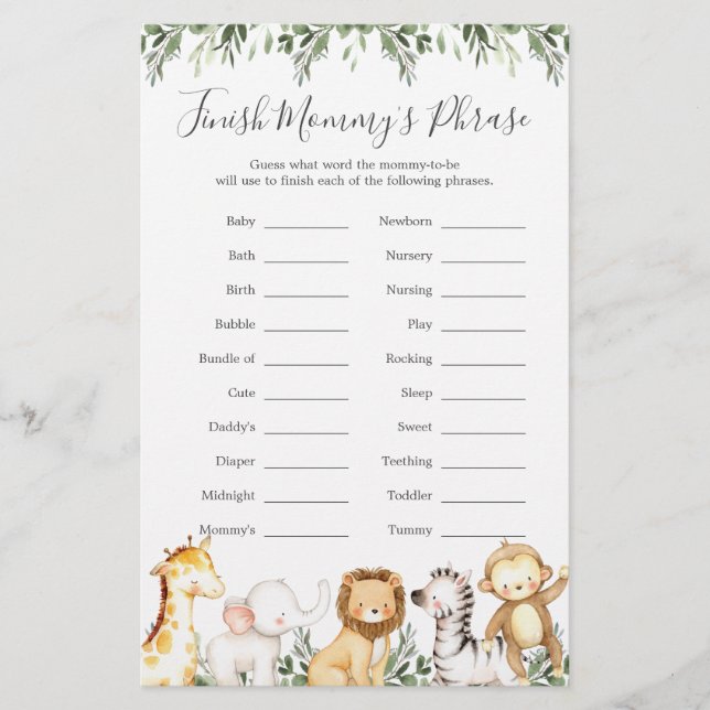 Safari Animals Baby Shower Finish Mummy's Phrase (Front)