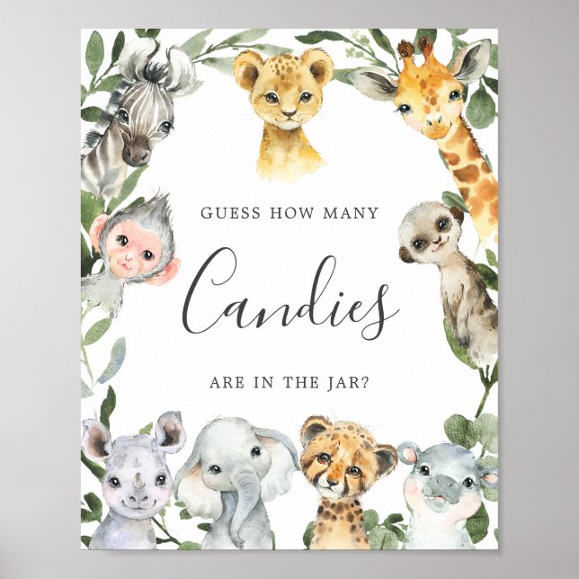 Safari Animals Baby Shower Guess How Many Candies Poster (Front)