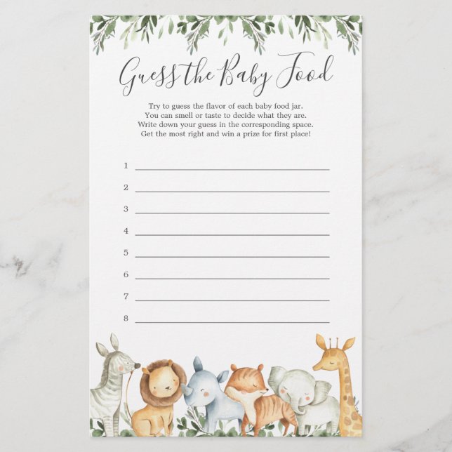 Safari Animals Baby Shower Guess The Baby Food (Front)