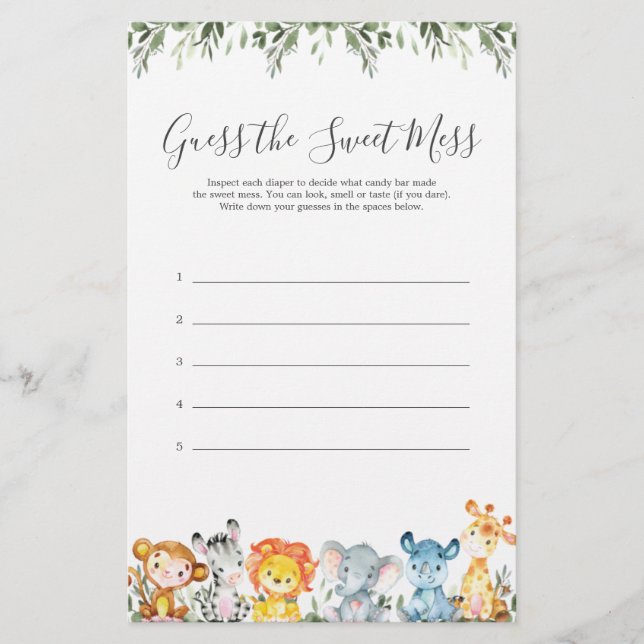 Safari Animals Baby Shower Guess The Sweet Mess (Front)