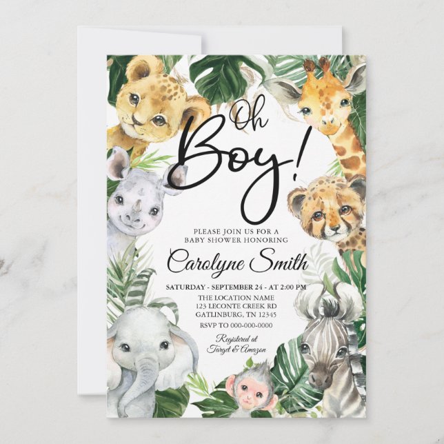 Safari Animals Baby shower Invitation Boy (Front)