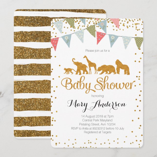 Safari Animals Baby Shower Invitation Gold Glitter (Front/Back)