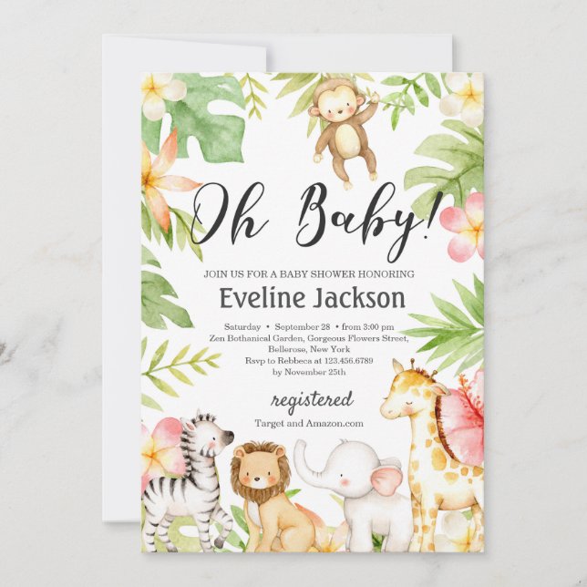 Safari Animals Baby Shower Invitation Greenery (Front)
