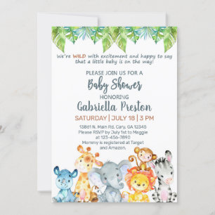 Safari animals baby shower invitation. White. Invitation