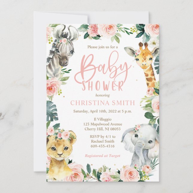 Safari Animals Baby Shower Invitations for a Girl (Front)