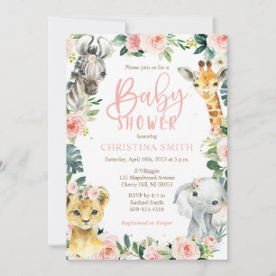 Safari Animals Baby Shower Invitations for a Girl