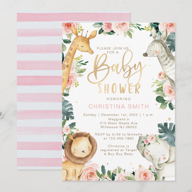 Safari Animals Baby Shower Invitations for Girls (Front/Back)