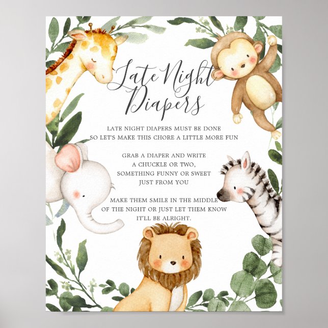 Safari Animals Baby Shower Late Night Diapers Sign (Front)