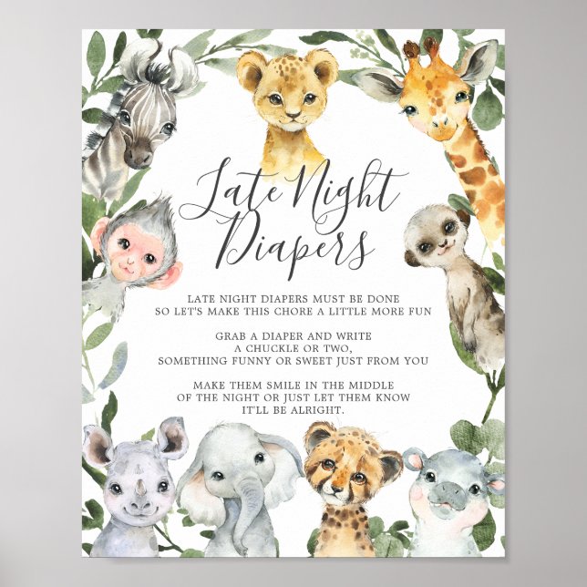 Safari Animals Baby Shower Late Night Diapers Sign (Front)