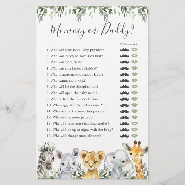 Safari Animals Baby Shower Mummy or Daddy Game (Front)
