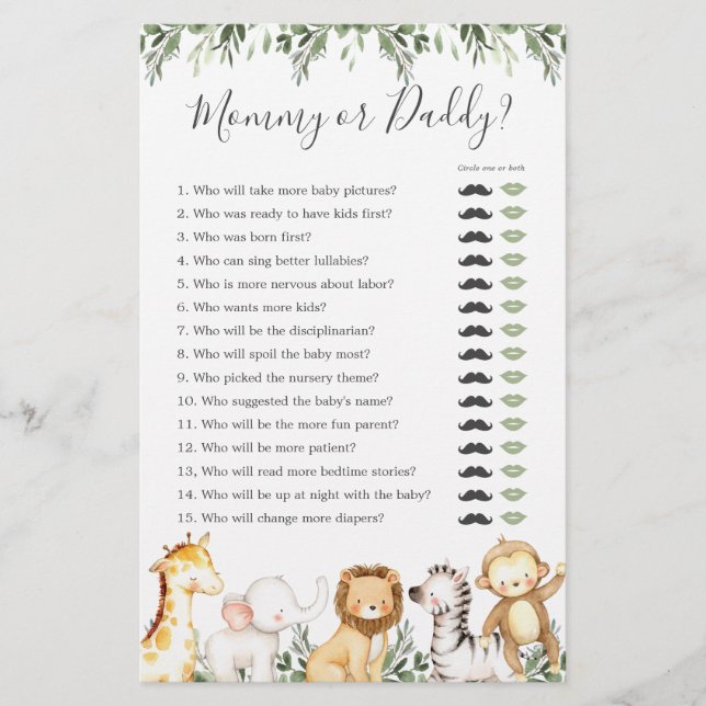 Safari Animals Baby Shower Mummy or Daddy Game (Front)