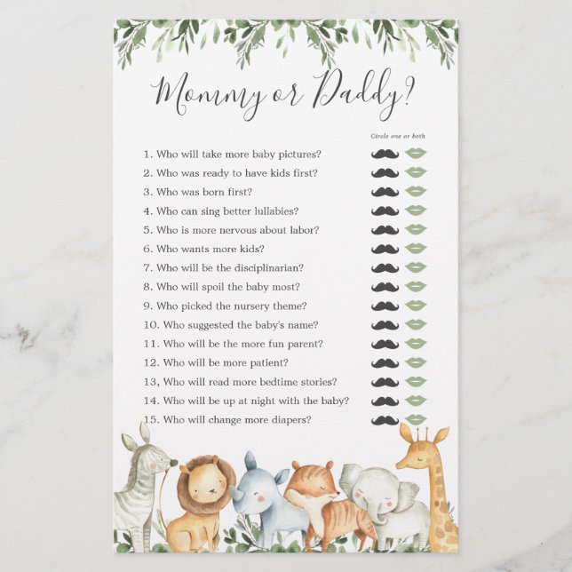 Safari Animals Baby Shower Mummy or Daddy Game (Front)