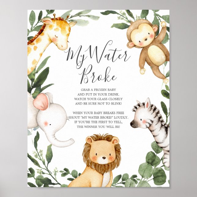 Safari Animals Baby Shower My Water Broke Sign (Front)