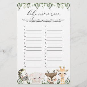 Safari Animals Baby Shower Name Race Game