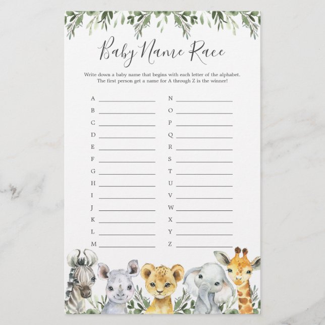 Safari Animals Baby Shower Name Race Game (Front)