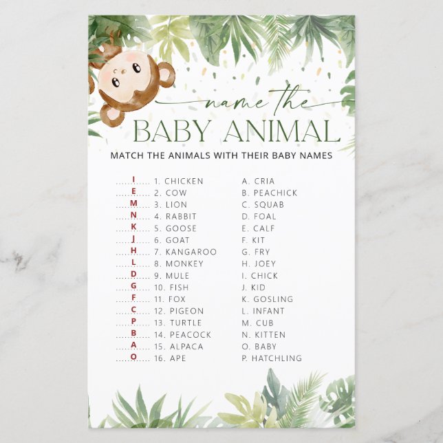 Safari Animals Baby Shower Name the Baby Animal (Front)